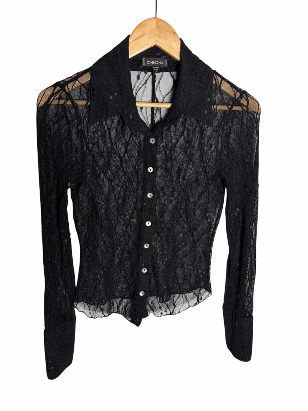 Bebe Y2K black collared sheer mesh long sleeve embroidered blouse size M